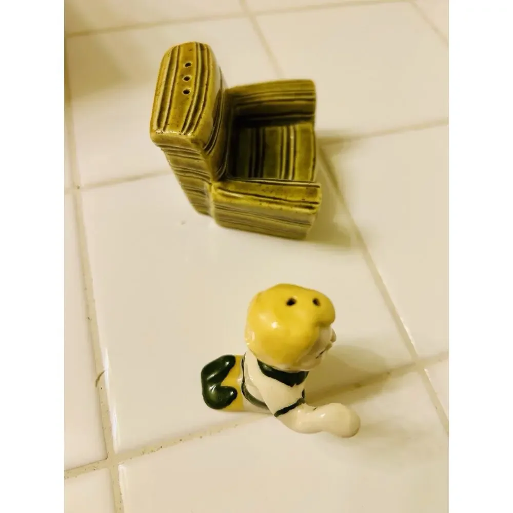 Ceramic Arts Studio Boy in Green Chair Salt Pepper Shaker 1953 Hard to Find USA